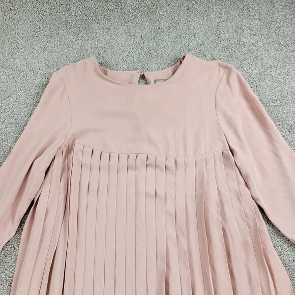 ASOS Womens Trapeze Dress 12 Pink Pleated Empire Waist Keyhole Bell Sleeve Mini - Picture 9 of 13